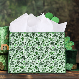 Playful Light Green Shamrock Hearts Pattern Celtic Large Gift Bag