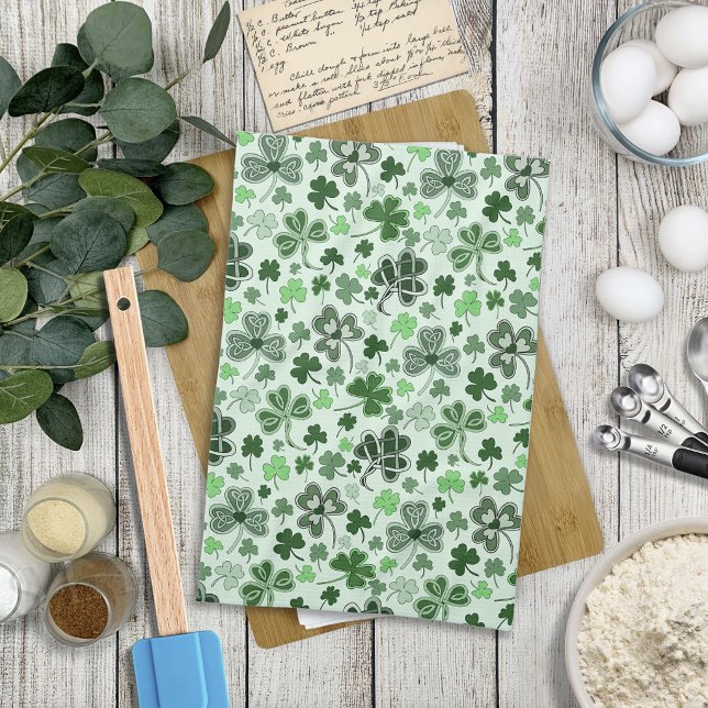 Playful Light Green Shamrock Hearts Pattern Celtic Tea Towel (Creator Uploaded)