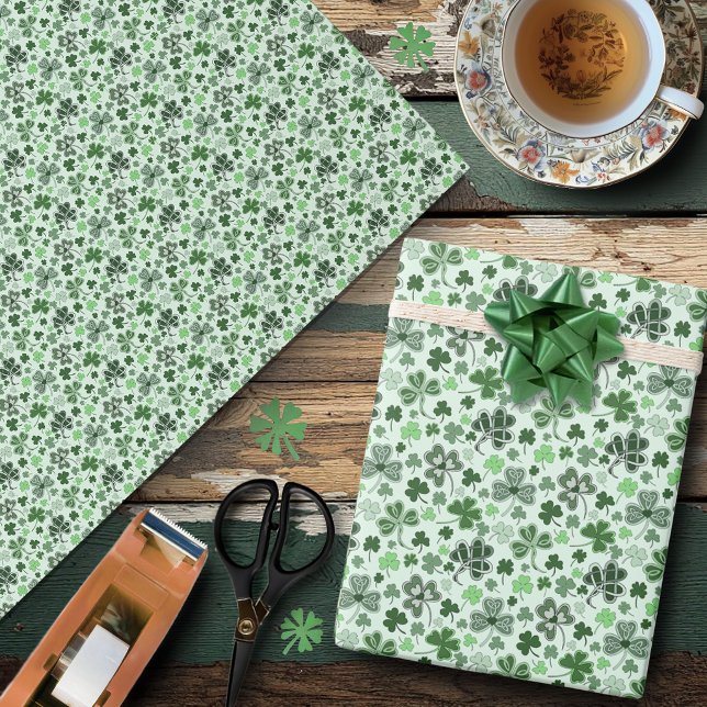 Playful Light Green Shamrock Hearts Pattern Celtic Wrapping Paper (Creator Uploaded)