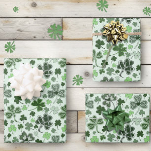 Playful Light Green Shamrock Hearts Pattern Celtic Wrapping Paper Sheet