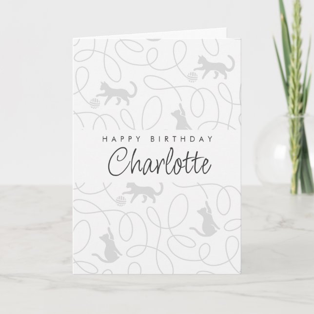 Playful Light Grey Cat Pattern Birthday Card (Front)