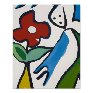 Playful Line Art with Red Flower & Figure Poster