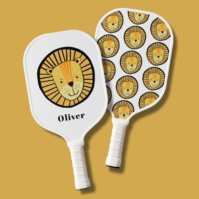 Playful Lion Kids Scandi style Pickleball Paddle (Custom pickleball paddle with lion pattern to one side, lion motif and personalized name to front. )