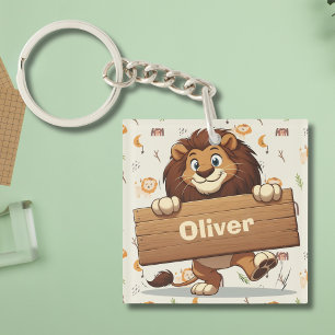 Playful Lion with Wooden Name Plate Key Ring