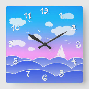 Playful Lovely Colored Seascape Blue Ocean Square Wall Clock
