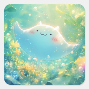 Playful Manta Ray in an Underwater Garden Square Sticker