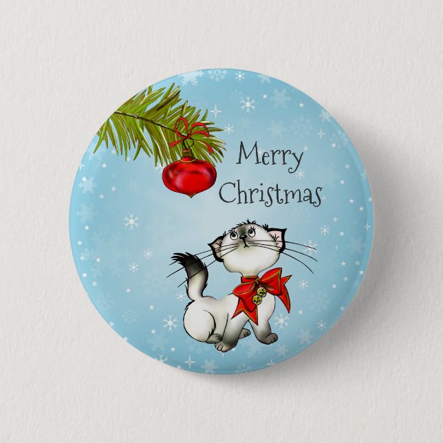 Playful Merry Christmas Kitty With A Red Bow 6 Cm Round Badge (Front)
