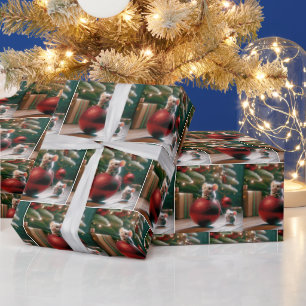Playful Mice On Red Christmas Ornament Wrapping Paper