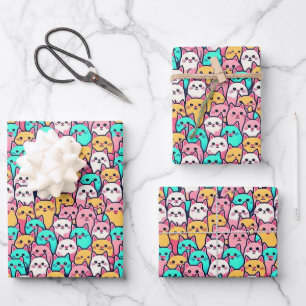 Playful Minimalist Cats in Multi-Colored Pastels Wrapping Paper Sheet