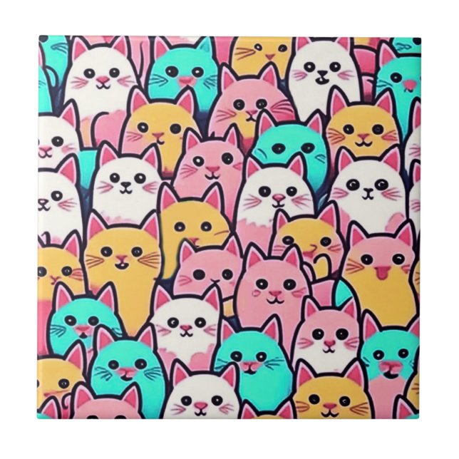 Playful Minimalist Cats in Multi-Coloured Pastels Tile (Front)
