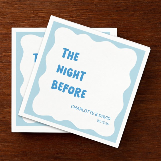 Playful Modern Wavy Blue & White Rehearsal Dinner Napkin (Set the tone for 'The Night Before' with these bold, fun blue napkins at your rehearsal dinner.)