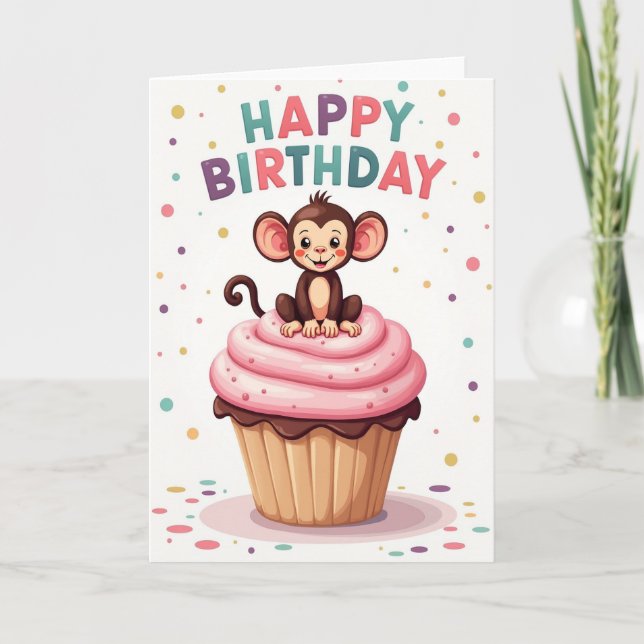 Playful Monkey Cupcake Birthday Card (Front)