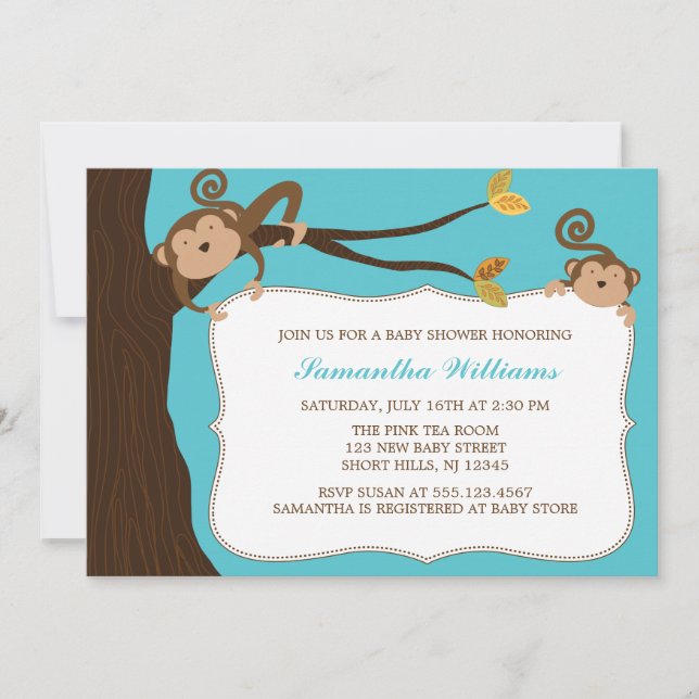 Playful Monkeys Twins Baby Shower Invitation (Front)