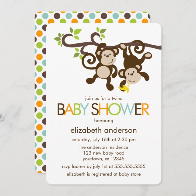 Playful Monkeys Twins Baby Shower Invitation (Front/Back)