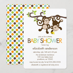 Playful Monkeys Twins Baby Shower Invitation