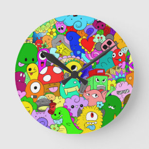 Playful Monster Doodle Round Clock