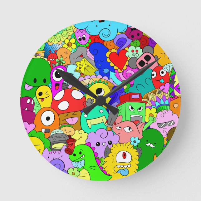 Playful Monster Doodle Round Clock (Front)