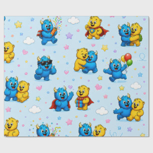 Playful Monster Friends Stars and Clouds Pattern Wrapping Paper