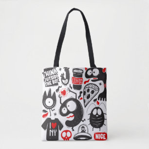Playful Monster Mash Black and Red Doodle Graffiti Tote Bag