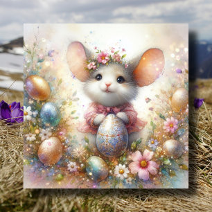 Playful Mouse in Blooming Easter Garden Holiday Card