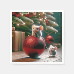 Playful Mouse On Red Christmas Ornament Napkin