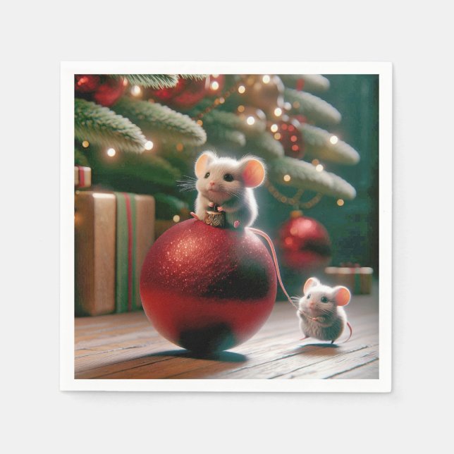 Playful Mouse On Red Christmas Ornament Napkin (Front)
