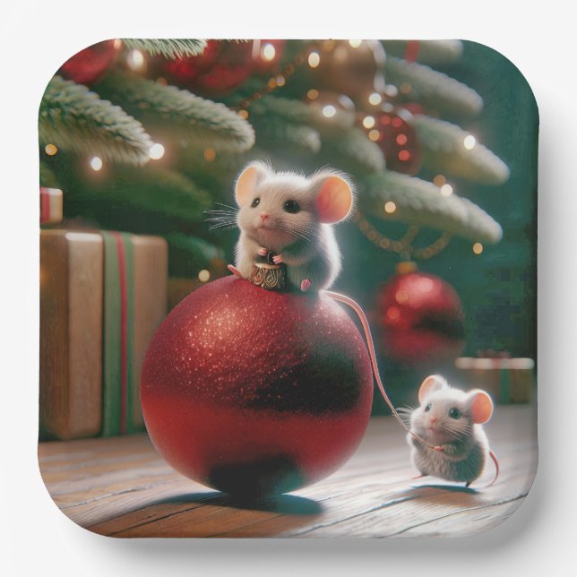 Playful Mouse On Red Christmas Ornament Paper Plate (Front)