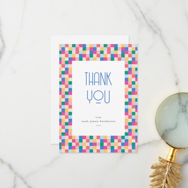 Playful Multicolor Blocks Birthday Party Thank You Card (Front/Back In Situ)