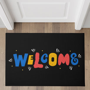 Playful Multicolor Welcome Typography on Black Doormat