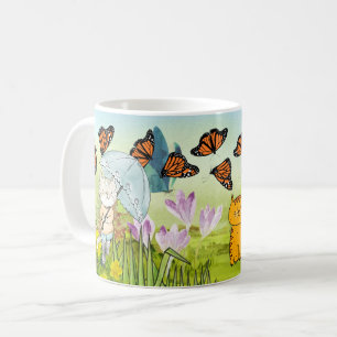 Playful Nature Scene with Cat and Butterfly Coffee Mug