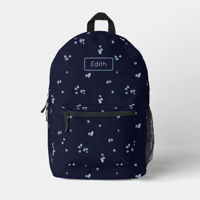 Playful navy and blue flower pattern with name printed backpack (Front)