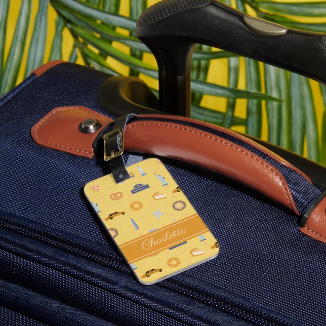 Playful NYC Icons Pattern Yellow Name  Luggage Tag (Front Insitu 1)