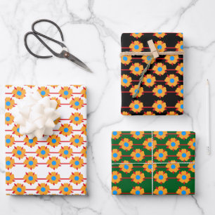 Playful Orange and Blue Floral Wrapping Paper Sheet