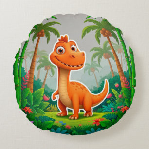 Playful Orange Dinosaur in Lush Jungle Setting Round Cushion