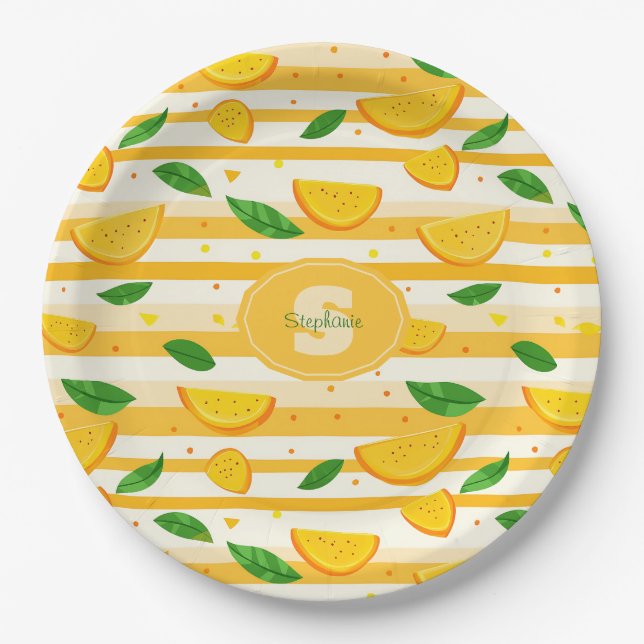 Playful Orange Slice Pattern with Green Leaves Paper Plate (Front)