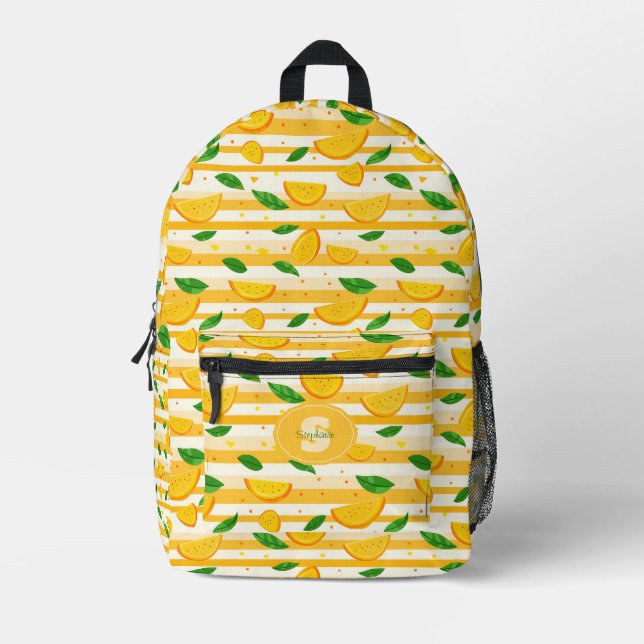 Playful Orange Slice Pattern with Green Leaves Printed Backpack (Front)