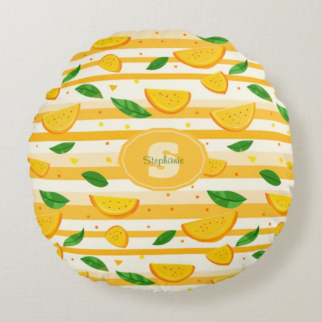 Playful Orange Slice Pattern with Green Leaves Round Cushion (Front)