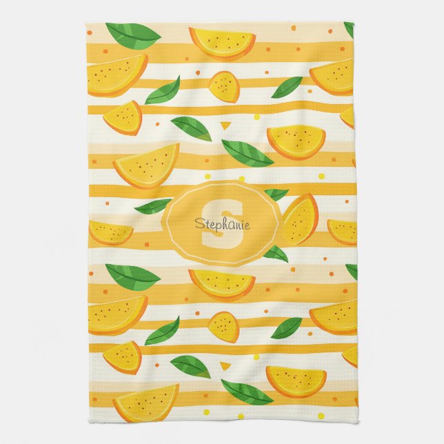 Playful Orange Slice Pattern with Green Leaves Tea Towel (Vertical)