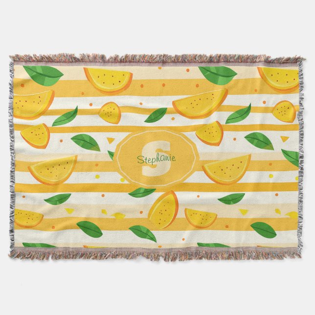 Playful Orange Slice Pattern with Green Leaves Throw Blanket (Front)