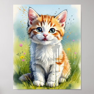 Playful Orange Tabby Kitten Watercolor Art Poster