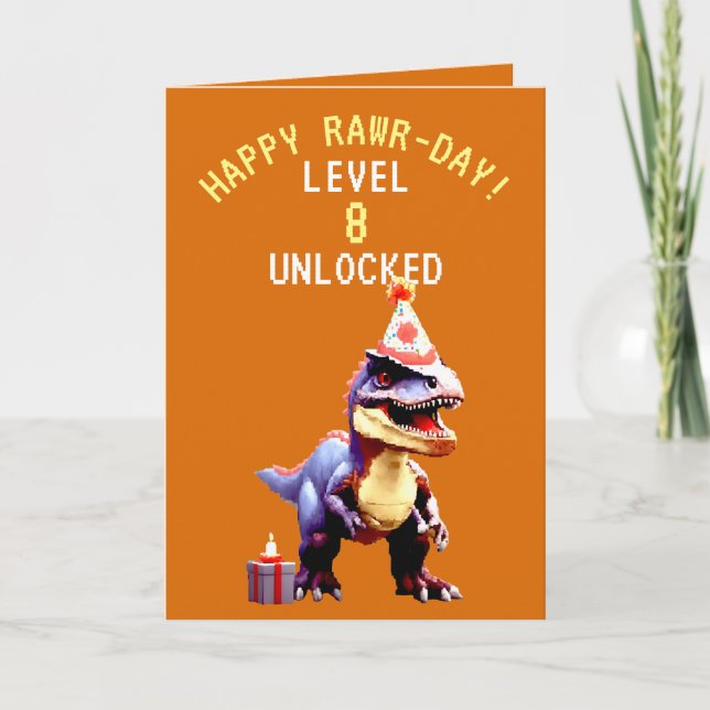 Playful Orange & White Trex Pixel Game Birthday Card (Front)