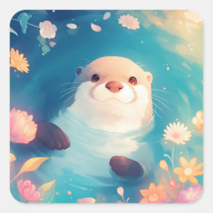 Playful Otter Sticker with Colourful Flowers