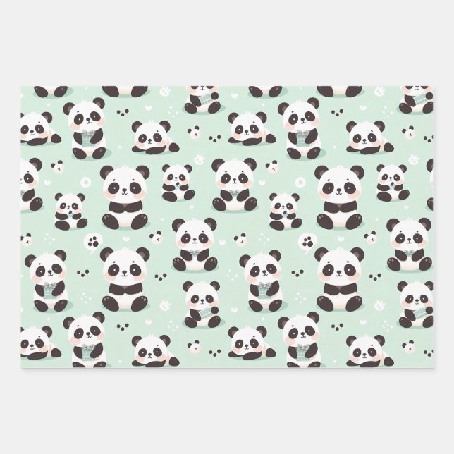 Playful Panda Pattern Wrapping Paper Sheet (Front)