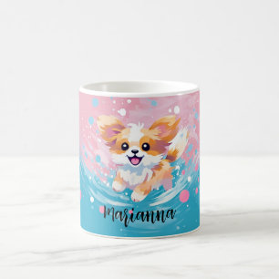 Playful Papillon Pup: Splash of Pink and Blue Coffee Mug