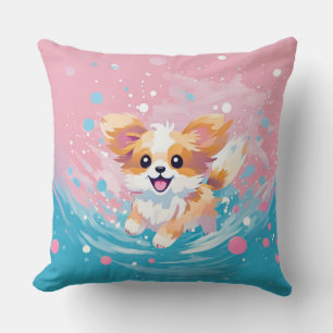 Playful Papillon Pup: Splash of Pink and Blue Cushion