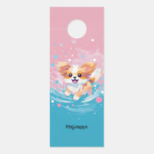 Playful Papillon Pup: Splash of Pink and Blue Door Hanger