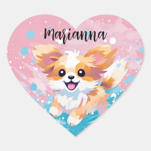Playful Papillon Pup: Splash of Pink and Blue Heart Sticker