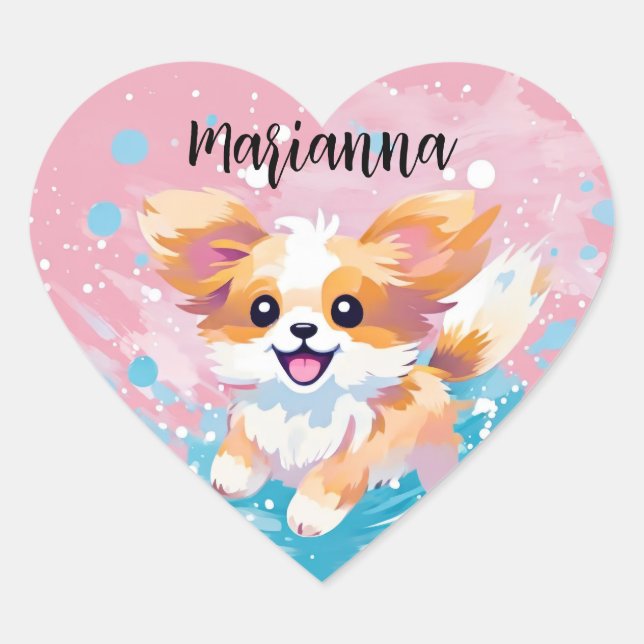 Playful Papillon Pup: Splash of Pink and Blue Heart Sticker (Front)