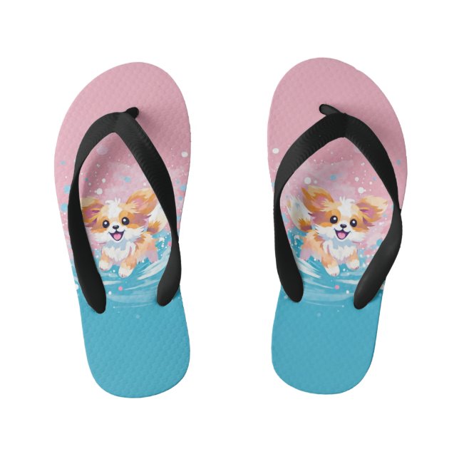 Playful Papillon Pup: Splash of Pink and Blue Kid's Flip Flops (Footbed)