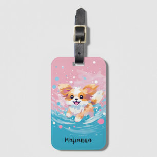Playful Papillon Pup: Splash of Pink and Blue Luggage Tag